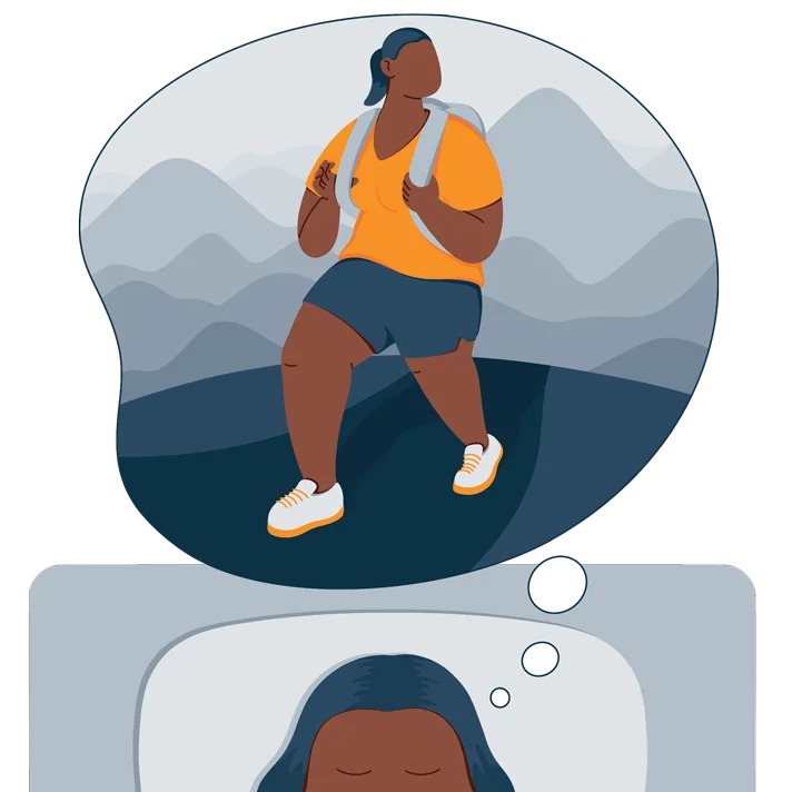 woman is having a dream about hiking and