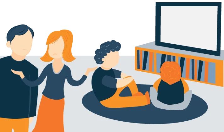 Worried Parents Looking at Their Kids Watching Television Illustration