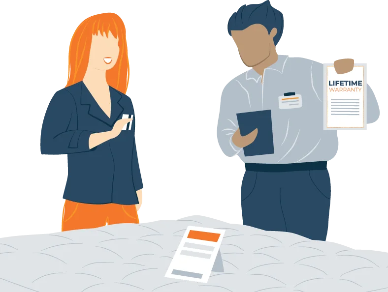 Seller Showing a Customer Mattress Lifetime Warranty Paper