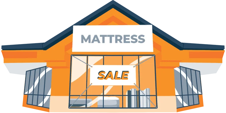 Illustration of a Mattress Store With a Sale Sign on the Door