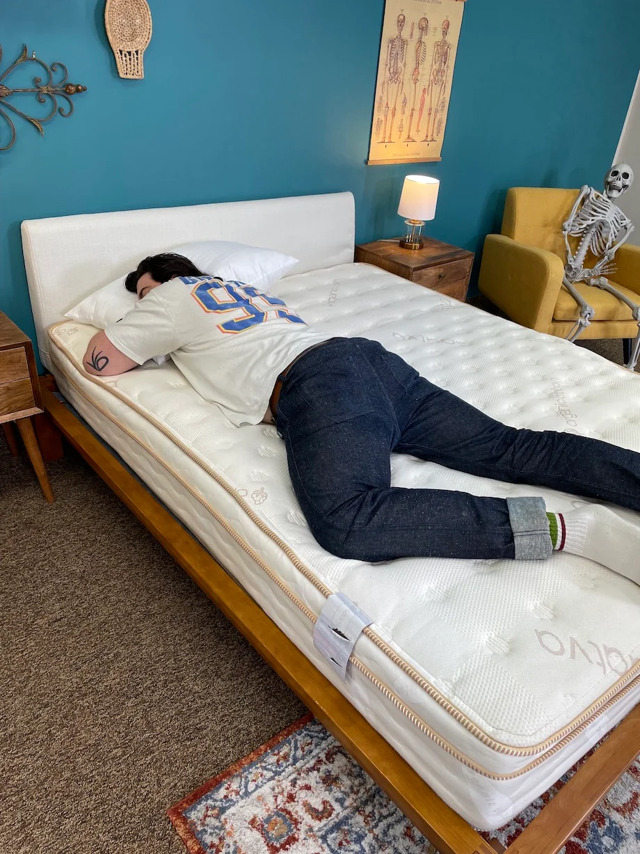 Saatva Classic testing for heavy stomach sleepers