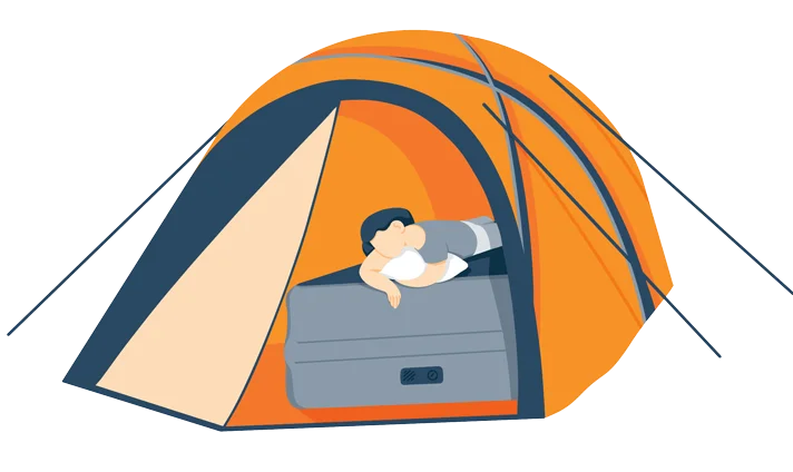 illustration of a person sleeping on air mattress while camping