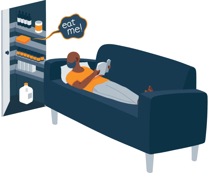 Illustration of a Man Thinking About Food While Lying Down on Couch