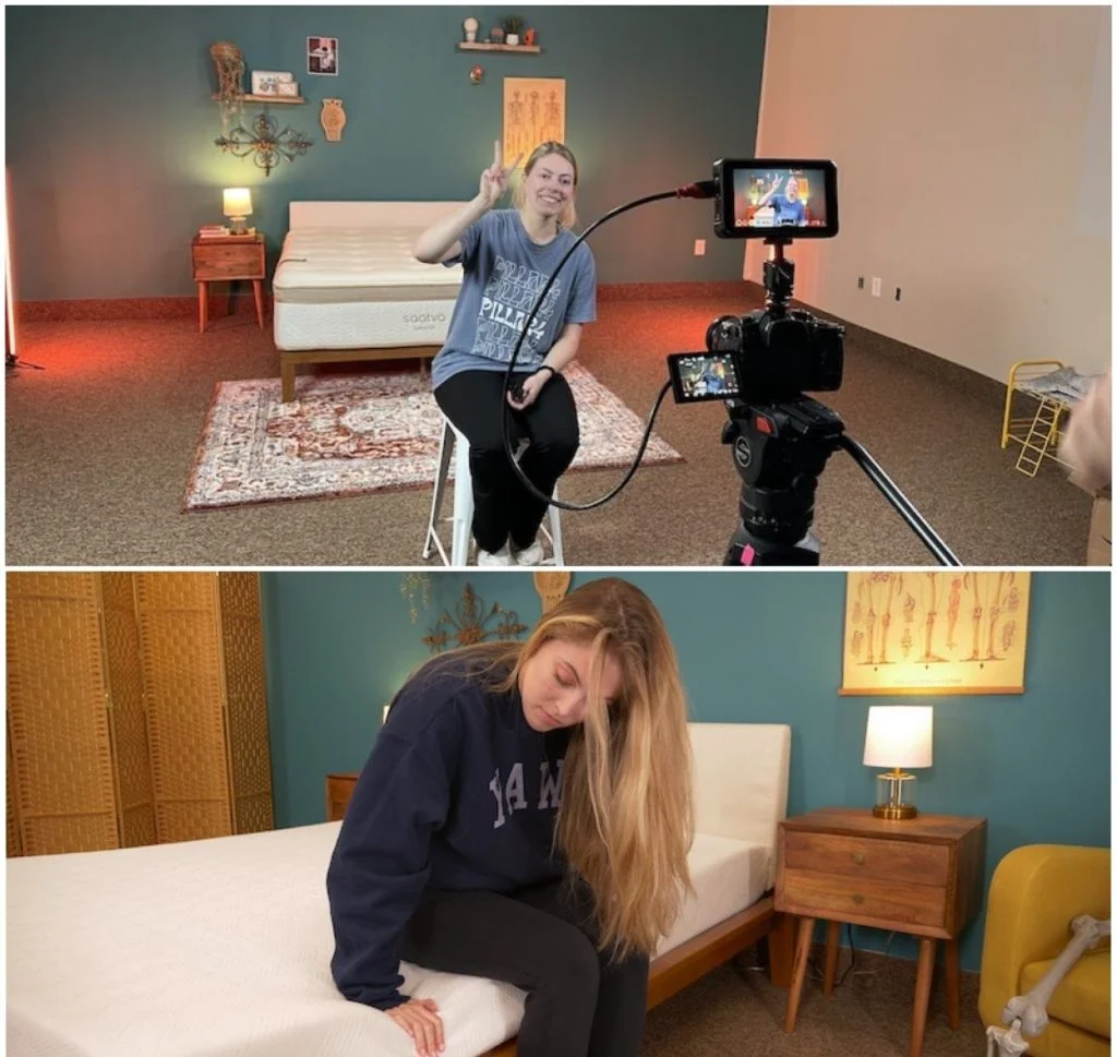 Julia testing mattresses in the Sleep Advisor studio