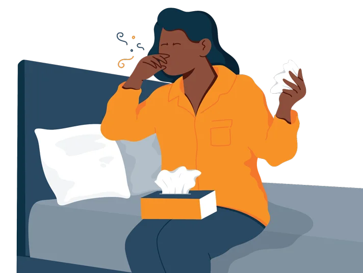Why You Get Tired and Sleepy When You’re Sick 2 illlustration of a woman strugling with allergy symptoms