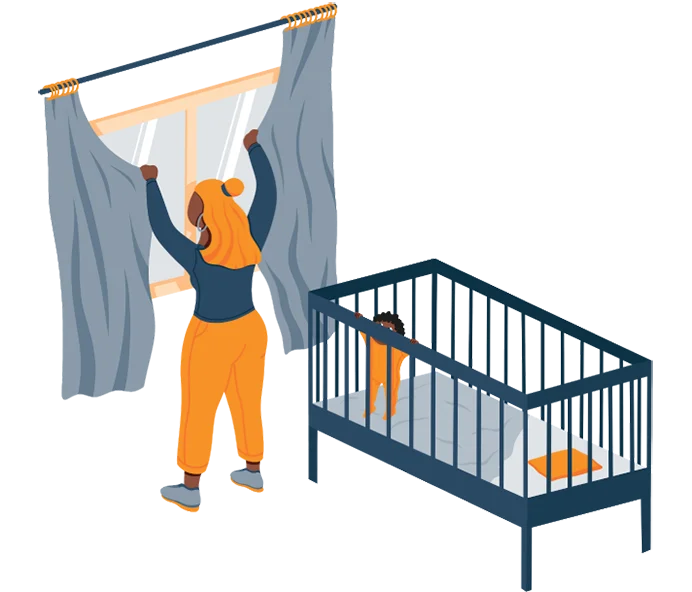 How to Sleep With Background Noise 9 Woman Putting up Curtains in the Nursery Illustration