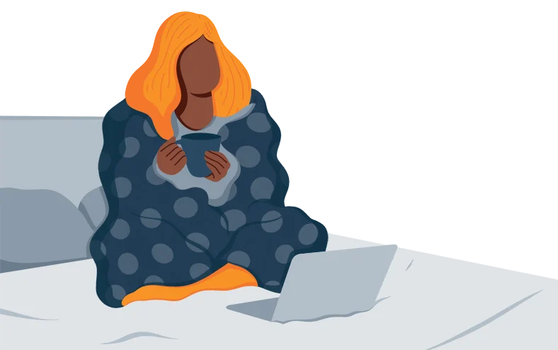 Illustration of a Woman Sitting on a Bed With a Throw Blanket Over Her Back