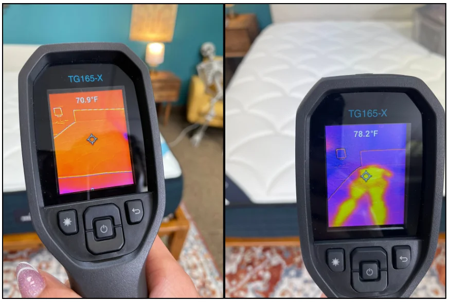 Testing the cooling properties of the Dreamcloud memory foam mattress by using a temperature gun test