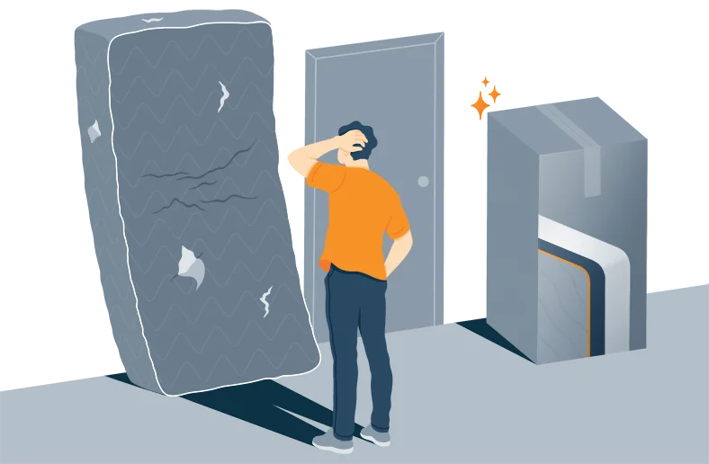 Illustration of a Man Looking at His Old Mattress