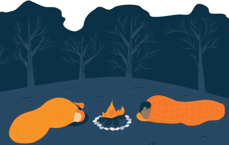Two People Camping and Sleeping Next to Fire Illustration
