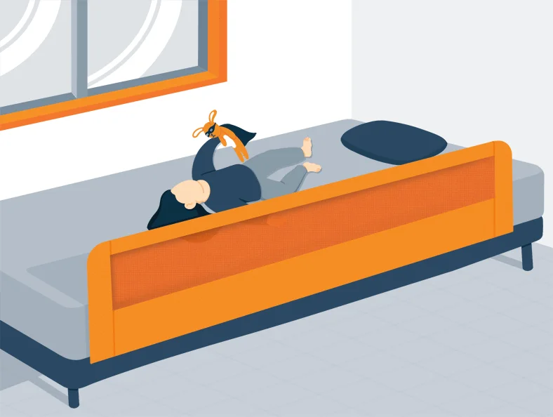 Illustration of a Toddler Playing on Bad that Has Bed Rails