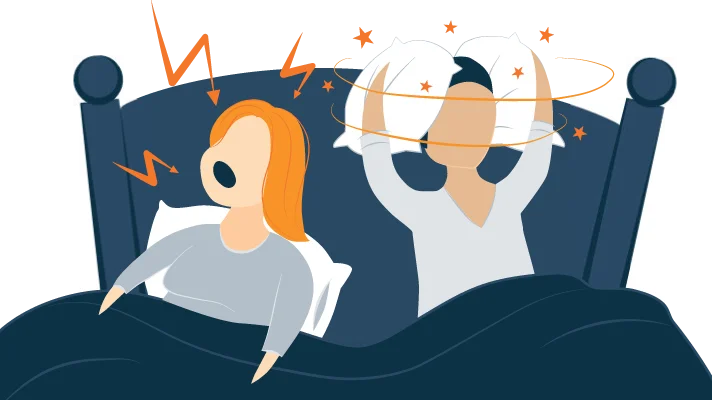 illustration of a man who cant fall asleep because of his wifes snoring