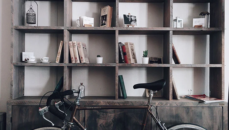 Bookshelf with a bike